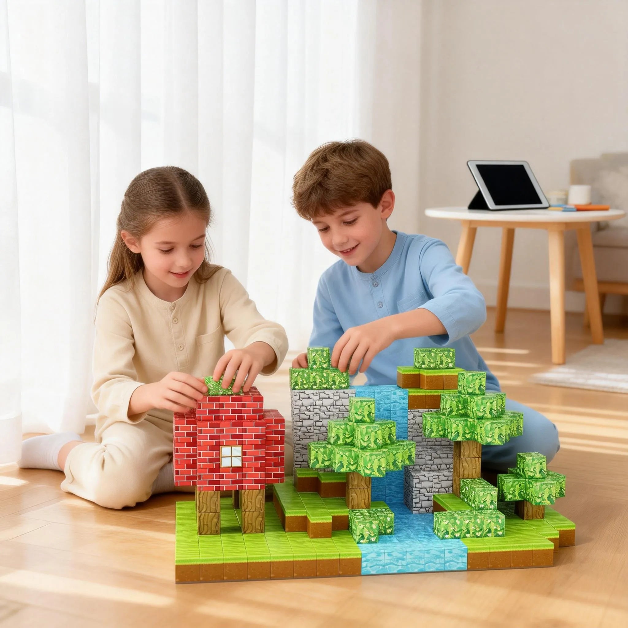 Child playing with Montessori magnetic building blocks creating primeval forest scene with trees, animals and rocks - educational STEM toy with magnets